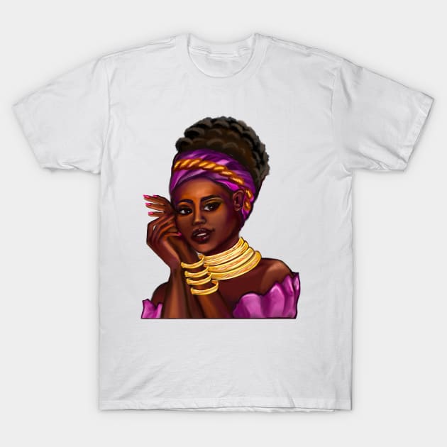 Afro Queen Black is beautiful anime manga black girl with Gold bangles, neck ring necklace, purple dress and head wrap, brown eyes and dark brown skin ! T-Shirt by Artonmytee